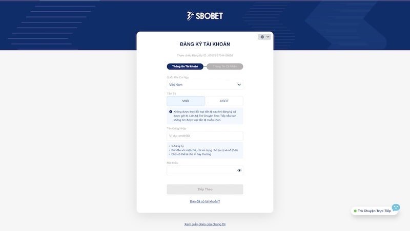 Các thông tin để tạo tài khoản thành viên tại Sbobet